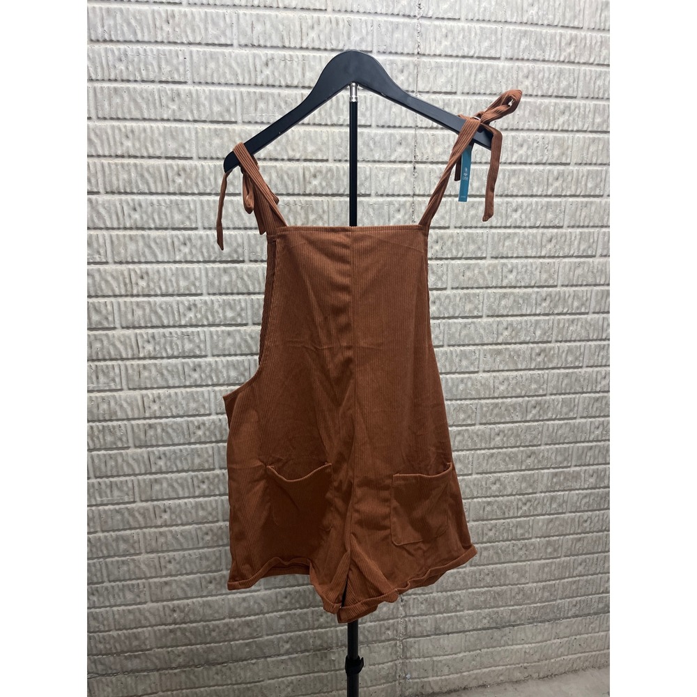 Cupshe Brown Ribbed Knit Tie Shoulder Short Overalls Romper XL CAA13F4J002UU